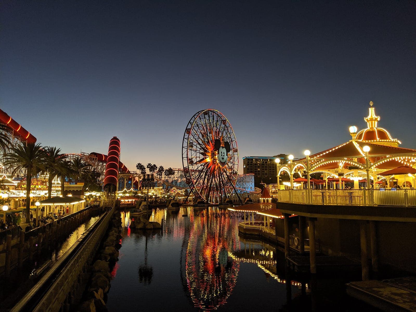 Pixar Pier lit up at night at Disney California Adventure
